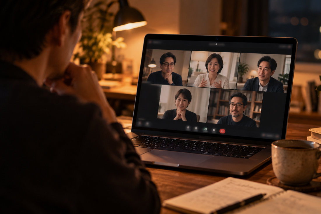 ノートパソコンの画面に映るオンライン授業。少人数の参加者が互いの発言を聴いている。