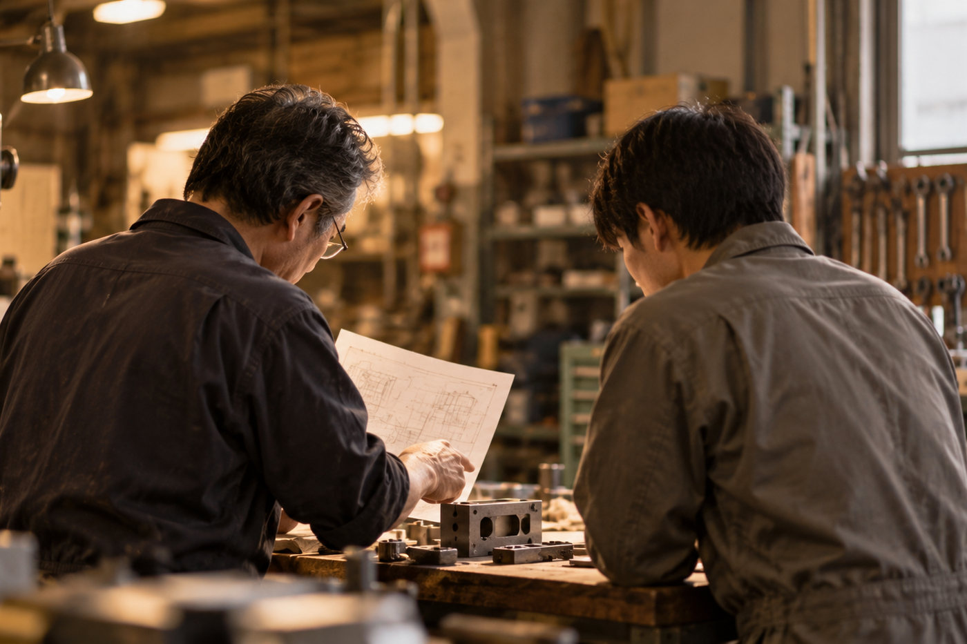 町工場で図面を広げ、社員と手を動かしながら試している経営者の後ろ姿。