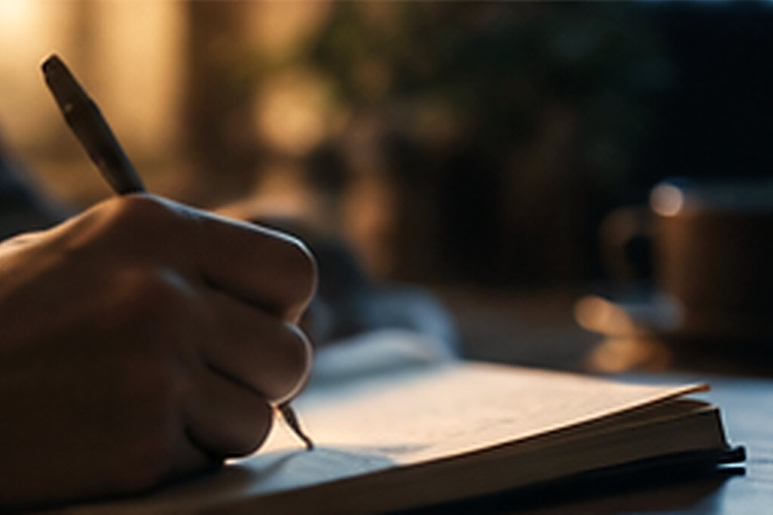 夜のデスクライトの下、開いたノートに万年筆で書き込んでいる手元。