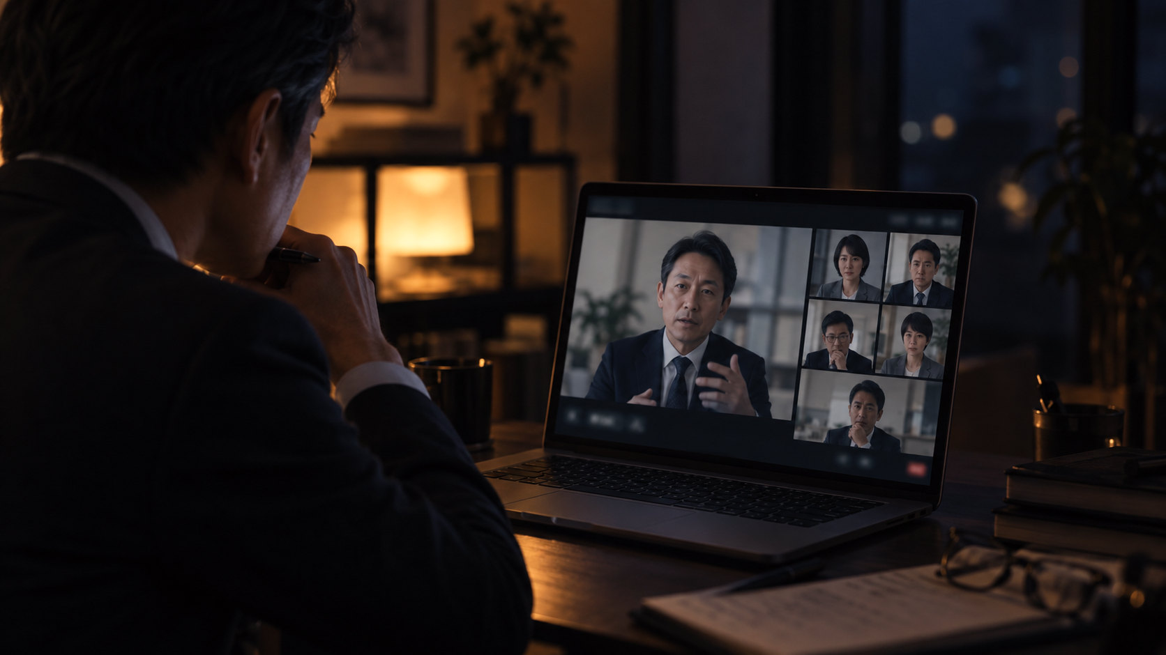 オンラインでの発表を、画面越しに真剣に聴いている参加者の肩越しの光景。